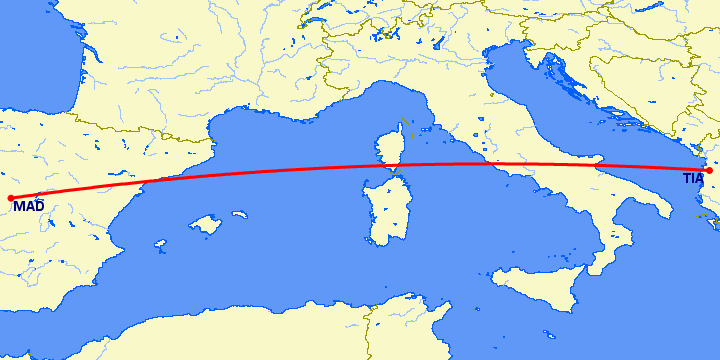 перелет Тирана — Мадрид на карте