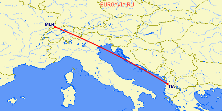 перелет Тирана — Базель Мюлуз на карте