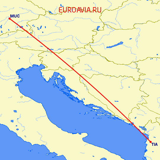 перелет Тирана — Мюнхен на карте