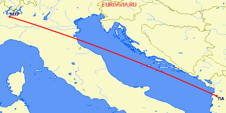 перелет Тирана — Милан на карте