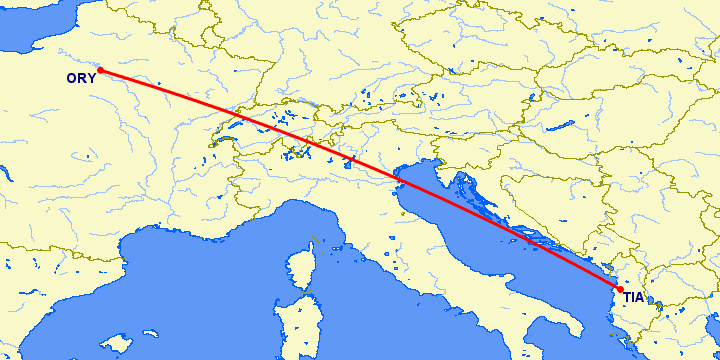 перелет Тирана — Париж на карте
