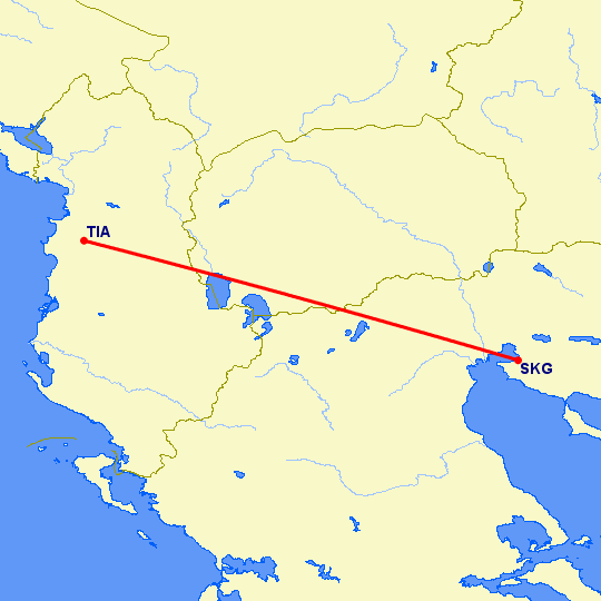 перелет Тирана — Салоники на карте