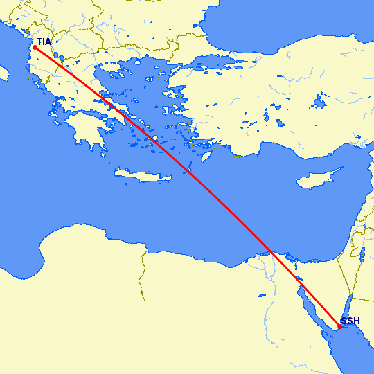 перелет Тирана — Шарм эль Шейх на карте