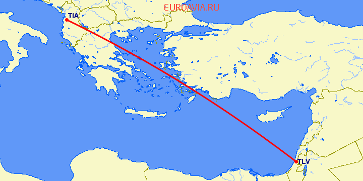 перелет Тирана — Тель Авив на карте