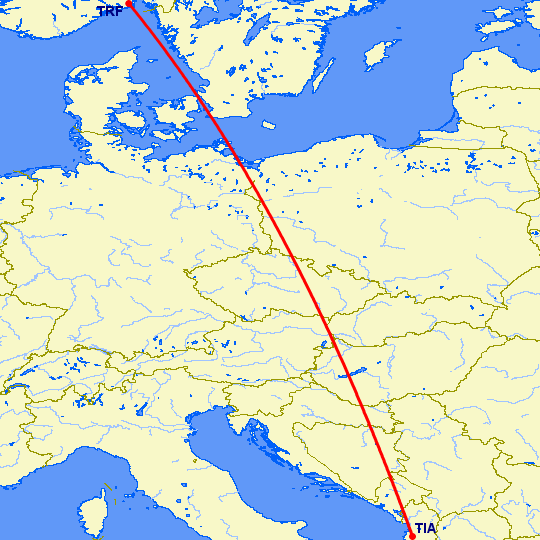 перелет Тирана — Осло Торп на карте