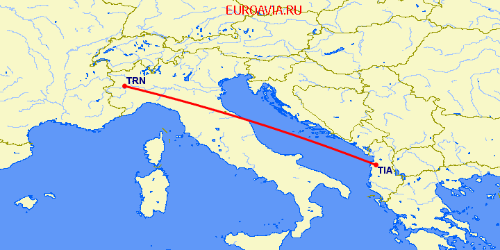 перелет Тирана — Турин на карте