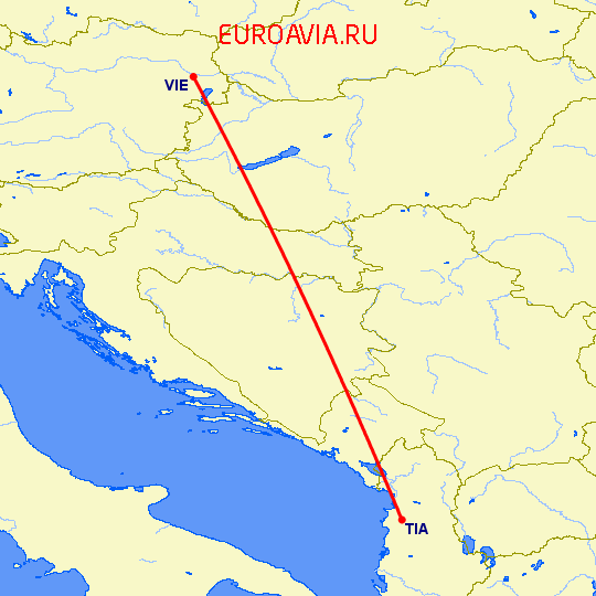 перелет Тирана — Вена на карте