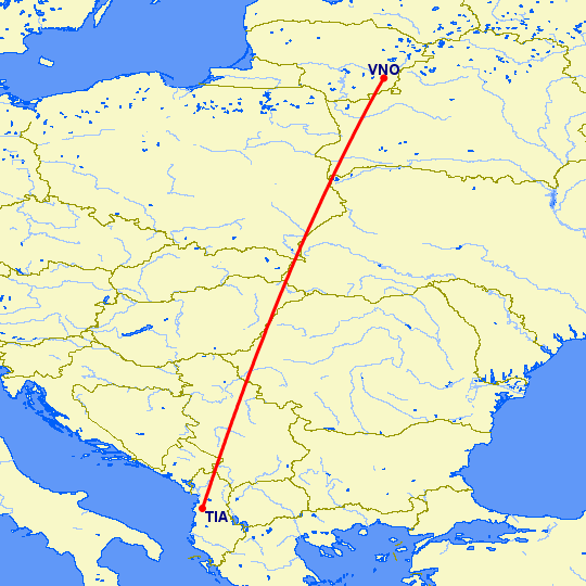 перелет Тирана — Вильнюс на карте