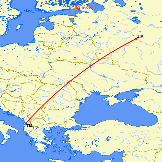 перелет Тирана — Москва на карте