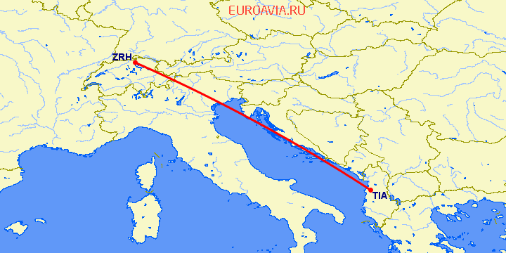 перелет Тирана — Цюрих на карте