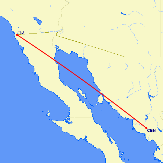 перелет Тихуана — Сьюудад Обрегон на карте