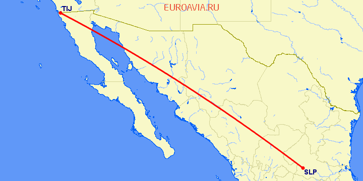 перелет Тихуана — Сан Луис Потоси на карте