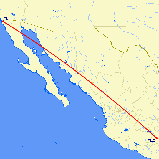перелет Тихуана — Толука на карте
