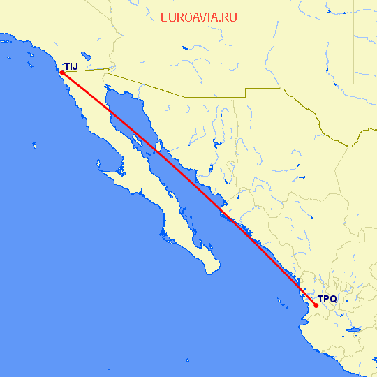 перелет Тихуана — Тепик на карте