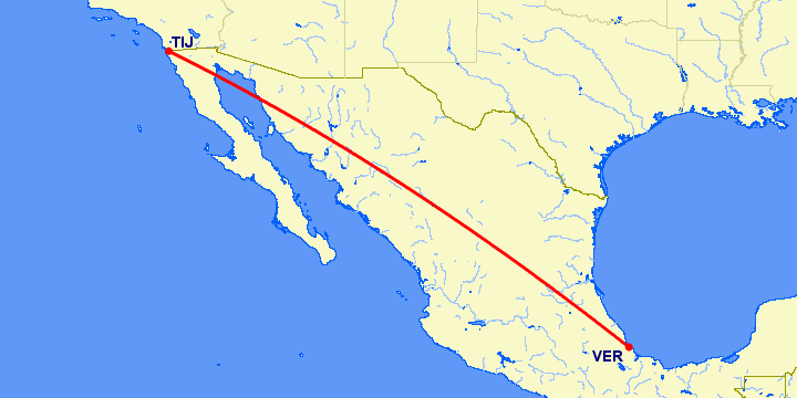 перелет Тихуана — Веракруз на карте