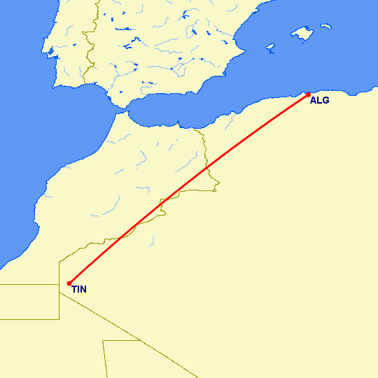 перелет Тиндуф — Алжир на карте