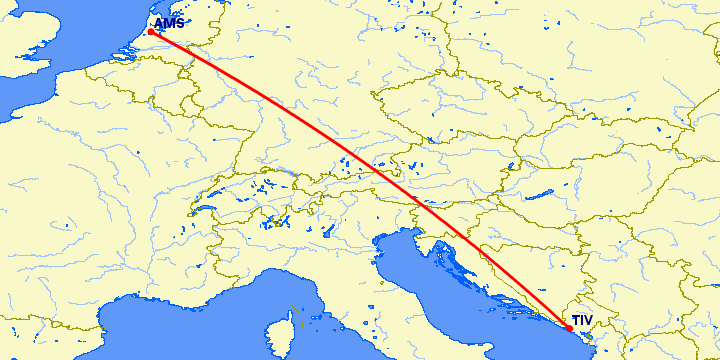 перелет Тиват — Амстердам на карте