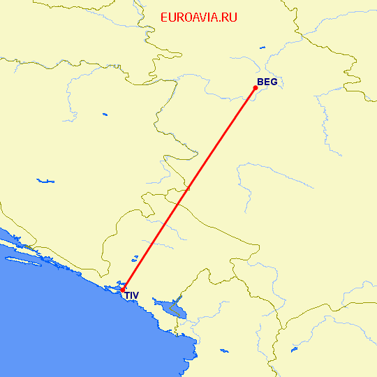 перелет Тиват — Белград на карте