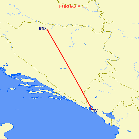 перелет Тиват — Баня Лука на карте