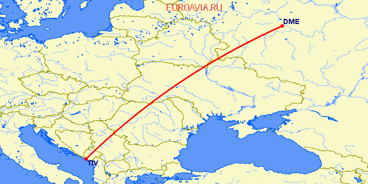 перелет Тиват — Москва на карте