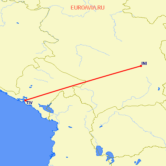 перелет Тиват — Ниш на карте
