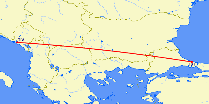 перелет Тиват — Стамбул на карте