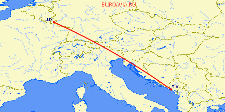 перелет Тиват — Люксембург на карте