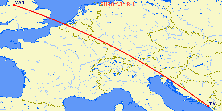 перелет Тиват — Манчестер на карте