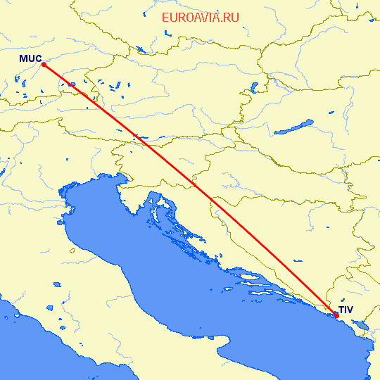 перелет Тиват — Мюнхен на карте