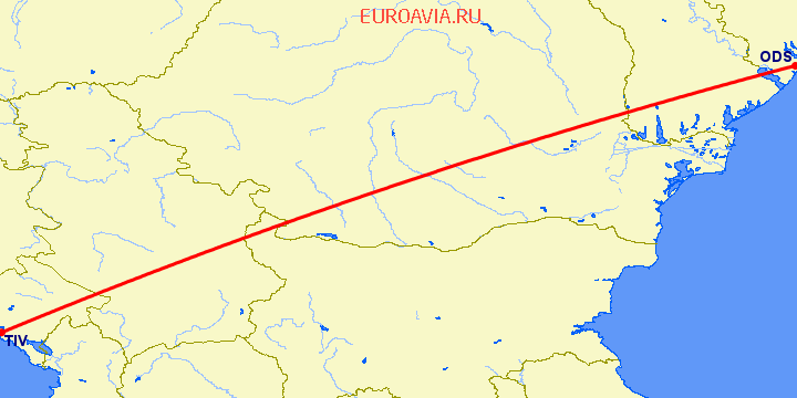 перелет Тиват — Одесса на карте