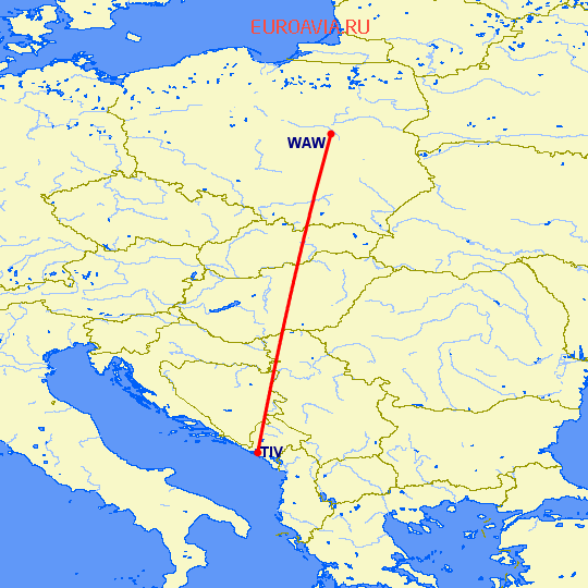 перелет Тиват — Варшава на карте