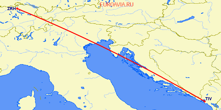 перелет Тиват — Цюрих на карте