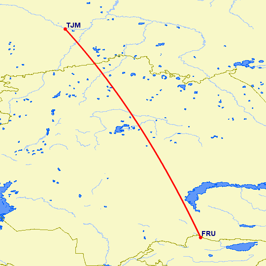 перелет Тюмень — Бишкек на карте