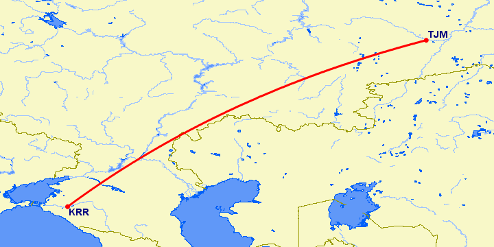 перелет Тюмень — Краснодар на карте