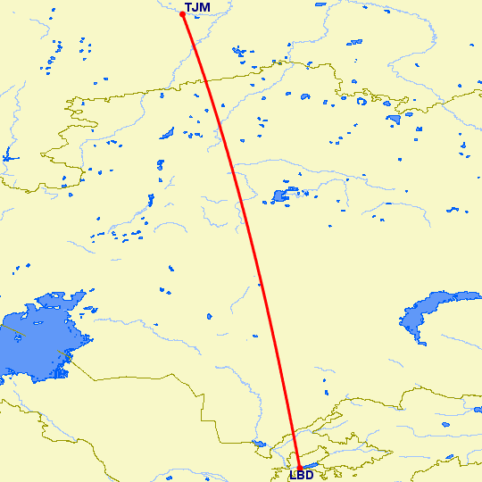 перелет Тюмень — Худжанд на карте