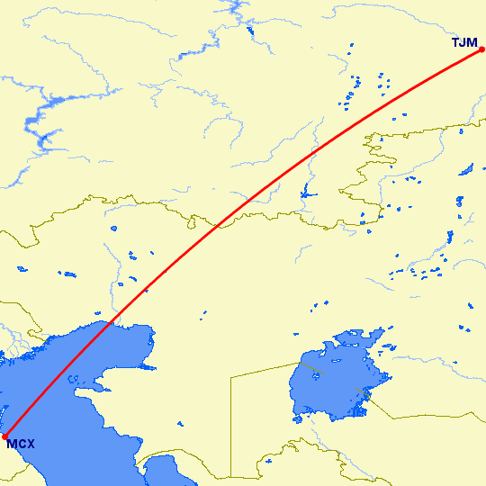 перелет Тюмень — Махачкала на карте
