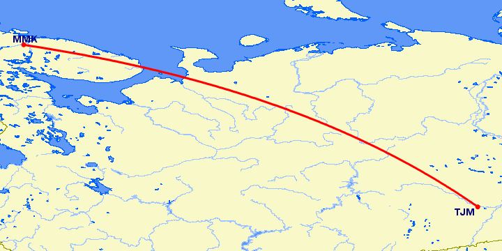 перелет Тюмень — Мурманск на карте