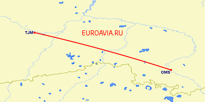 перелет Тюмень — Омск на карте