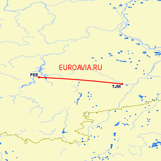перелет Тюмень — Пермь на карте