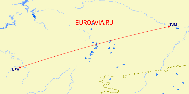 перелет Тюмень — Уфа на карте