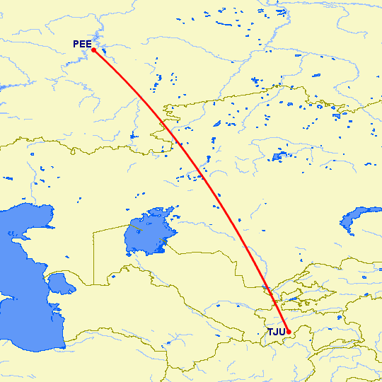 перелет Куляб — Пермь на карте