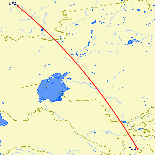 перелет Куляб — Уфа на карте