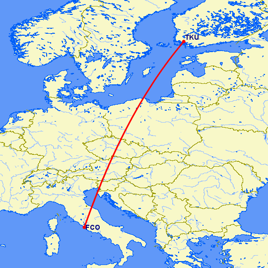 перелет Турку — Рим на карте