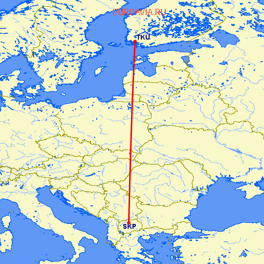 перелет Турку — Скопье на карте