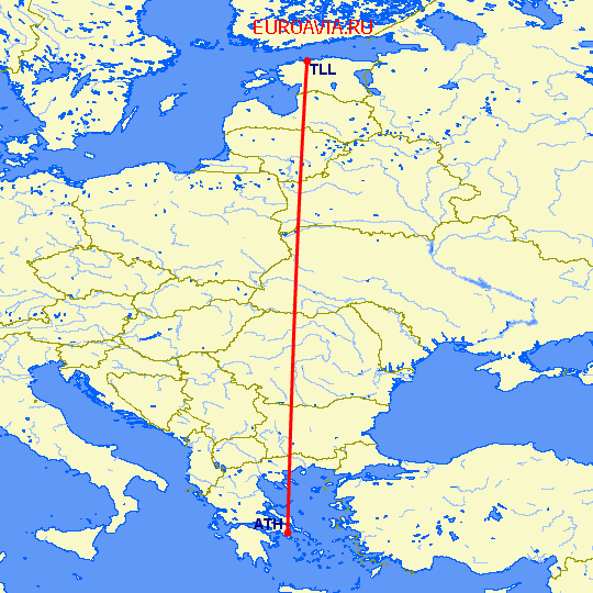 перелет Таллин — Афины на карте