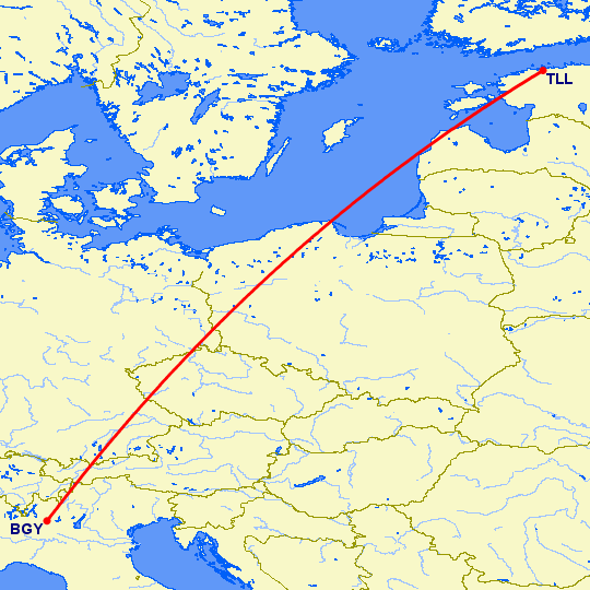 перелет Таллин — Бергамо на карте