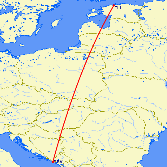 перелет Таллин — Дубровник на карте