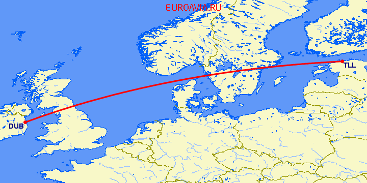 перелет Таллин — Дублин на карте