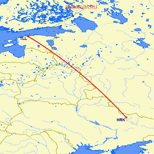 перелет Таллин — Харьков на карте