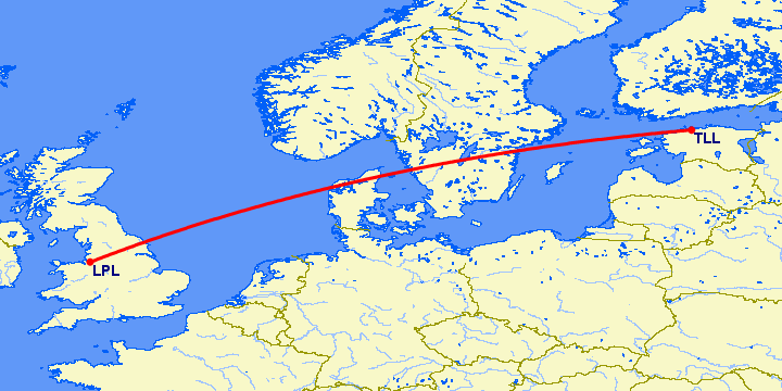 перелет Таллин — Ливерпуль на карте